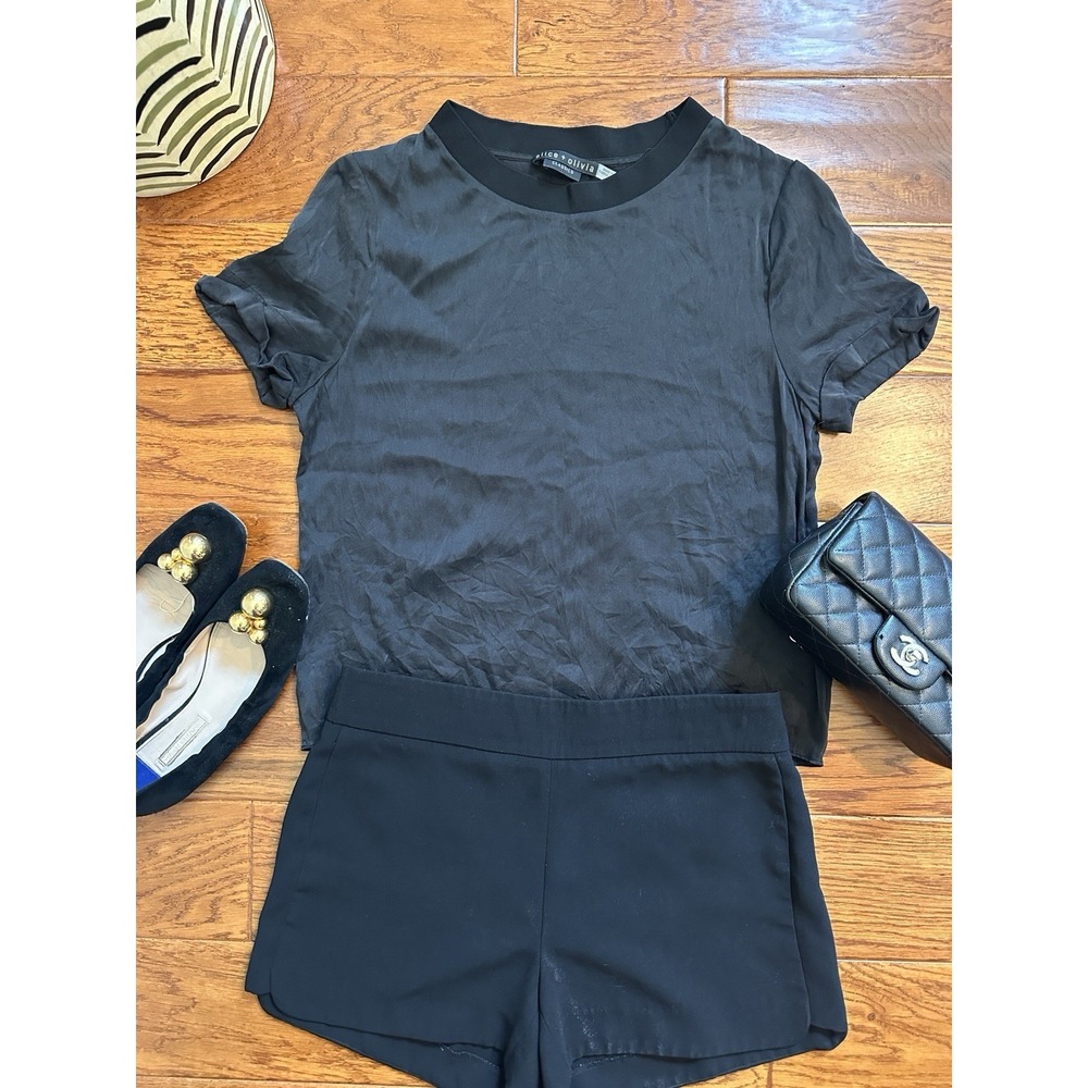 Alice + Olivia Classics Black Silk Blend Ribbed Crewneck Short Sleeve Tee S/P